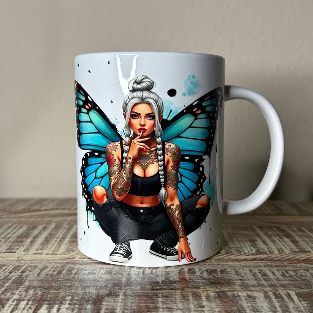 (RESERVED) Tattoo Girl Mug with Butterfly Design